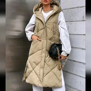 Khaki Casual Womens Pocket Zip Up Hooded Puffer Vest Coat